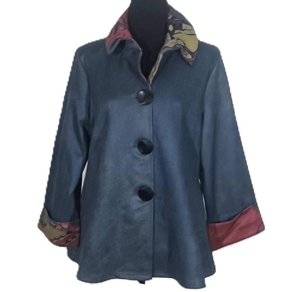 SLATE BLUE FAUX SUEDE WITH ABSTRACT COLLAR AND CUFF JACKET